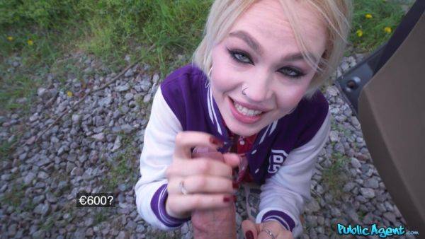 Hitchhiking Super Sucker - blonde chick Greta Foss gives head and handjob outdoors - xhand.com - Russia on freevids.org