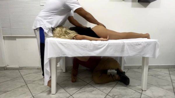 Husband Hides Under The Table To See What The Masseuse Was Doing To His Beautiful Wife Ntr - hotmovs.com - Usa on freevids.org