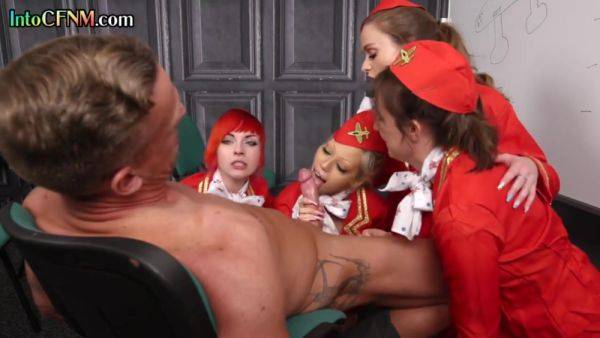 CFNM stewardesses suck and jerk guys cock in group BJ - hotmovs.com on freevids.org