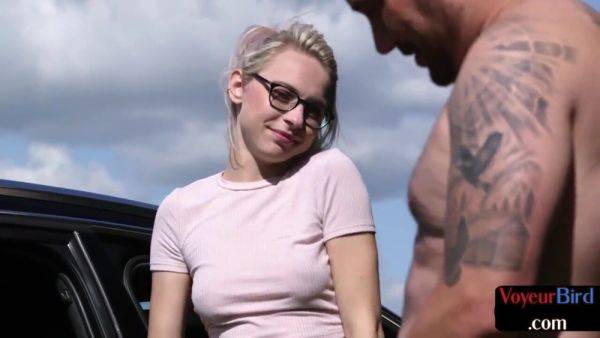 21yo voyeur GF teases her BF who jerks cock outdoor by car - txxx.com on freevids.org