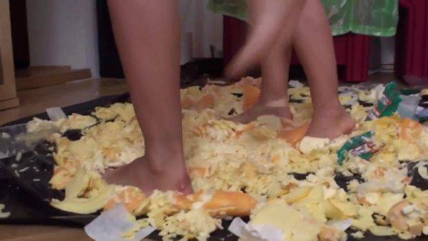 Sluts trampling food in the living room by Foot Girls - hotmovs.com on freevids.org