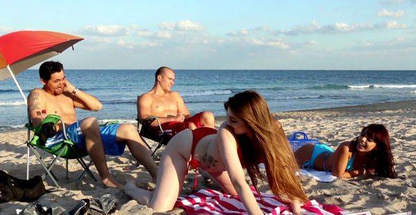 Sexy babes work cocks together in highly intense foursome by the beach - xbabe.com on freevids.org