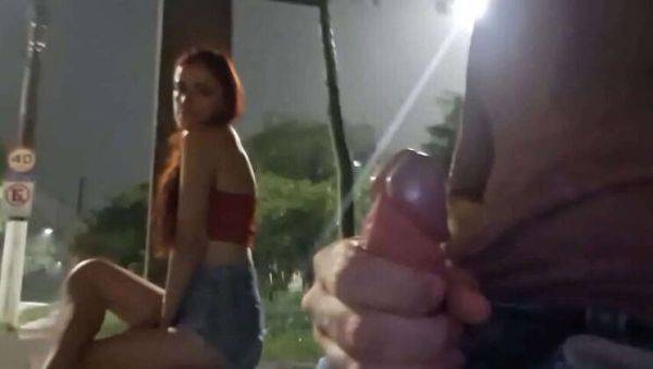 Risky Hand Job on the Street for Redhead at Bus Stop - porntry.com on freevids.org