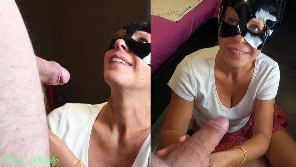 Milf With The Mask Sucks Off Her Husband & Gets A Huge Load On His Face Then Licks The Cum - Cat Woman - hclips.com on freevids.org