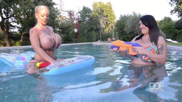 Floating Gazongas: Two British Bombshells With Big Tits In The Pool - porntry.com - Britain on freevids.org