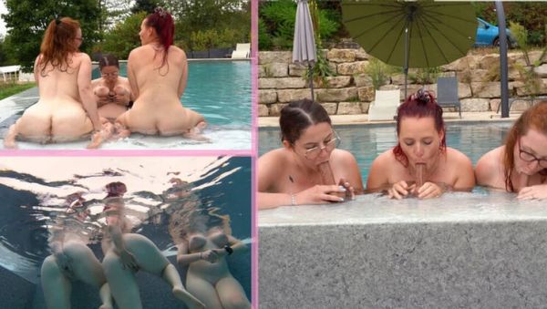 French Lesbian Threesome Pool Fingering with Big Natural Tits and Huge Dildo - porntry.com - France on freevids.org
