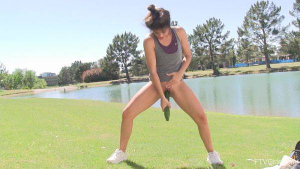 Slender teen shows off pushing a huge cucumber down the pussy in outdoor kinks - hellporno.com on freevids.org