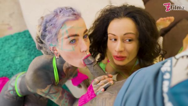 Lily Lu And Stacy Bloom - Big Tits Girl Joins Tattoo Couple For Threesome - Rimming, Bj, Facial - videomanysex.com on freevids.org